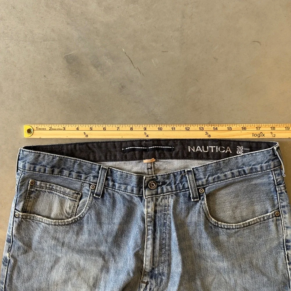 Nautica Mens Blue Relaxed Fit Straight Leg Denim Jeans 36x30 Distressed Hem